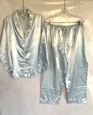 Vintage Vandemere Blue Floral Satin Pajama PJ Set Womens Medium