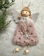 New Christmas Angel in Fuzzy Purple Dress Ornament w/ Snowflake  Heart - 6.5  