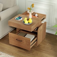 Living Room Modern Side Table Nightstand with Charging Station-Natural