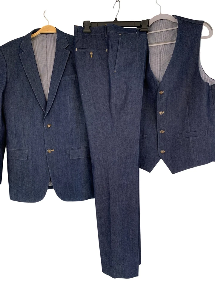 Mens Vitarelli 3-Piece Denim Suit 38L Jacket 32L Pants Blue RHH10573 EUC Italy - Image 2 of 4