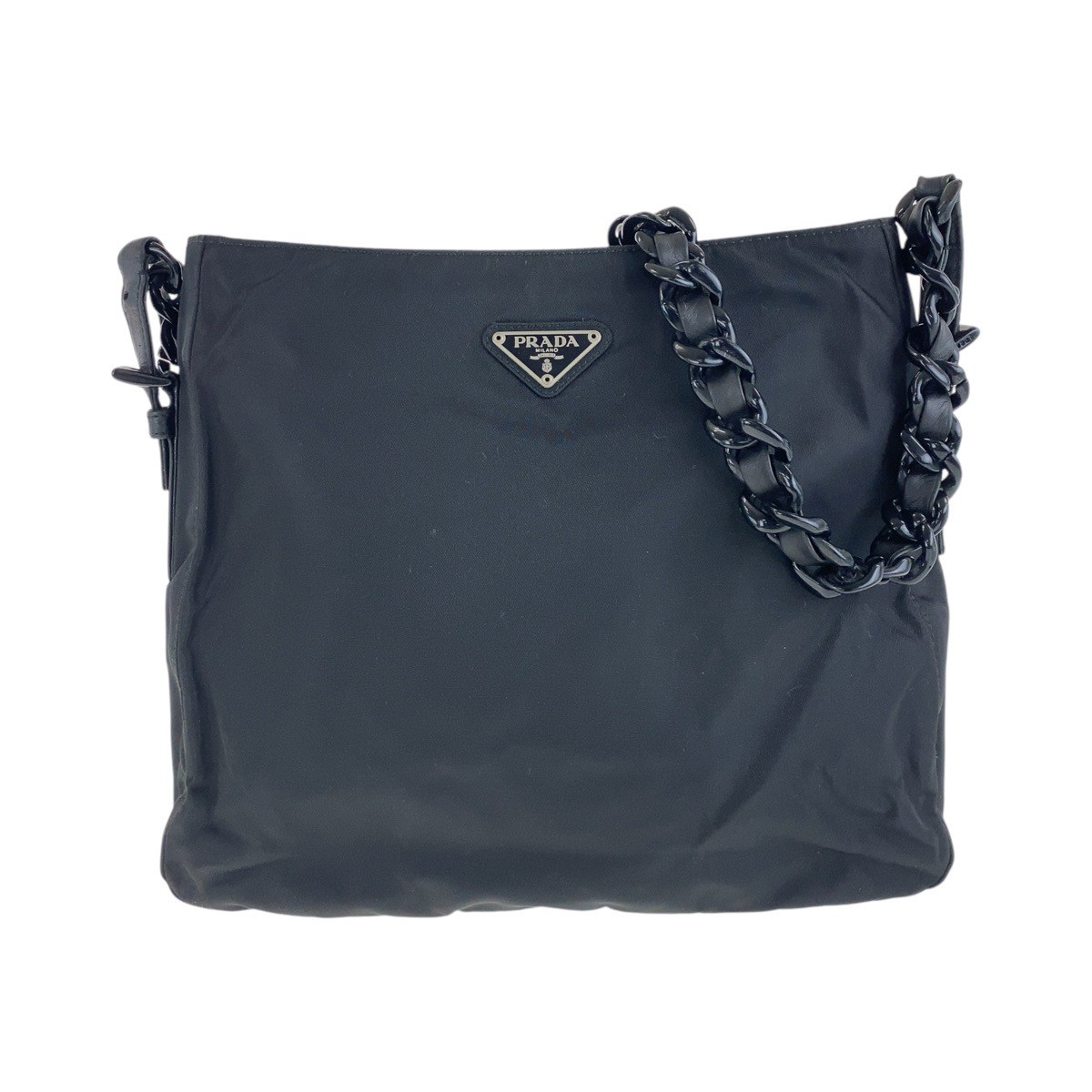 PRADA Tessuto Triangle with logo Shoulder Bag Black SilverHardware Nylon/leather