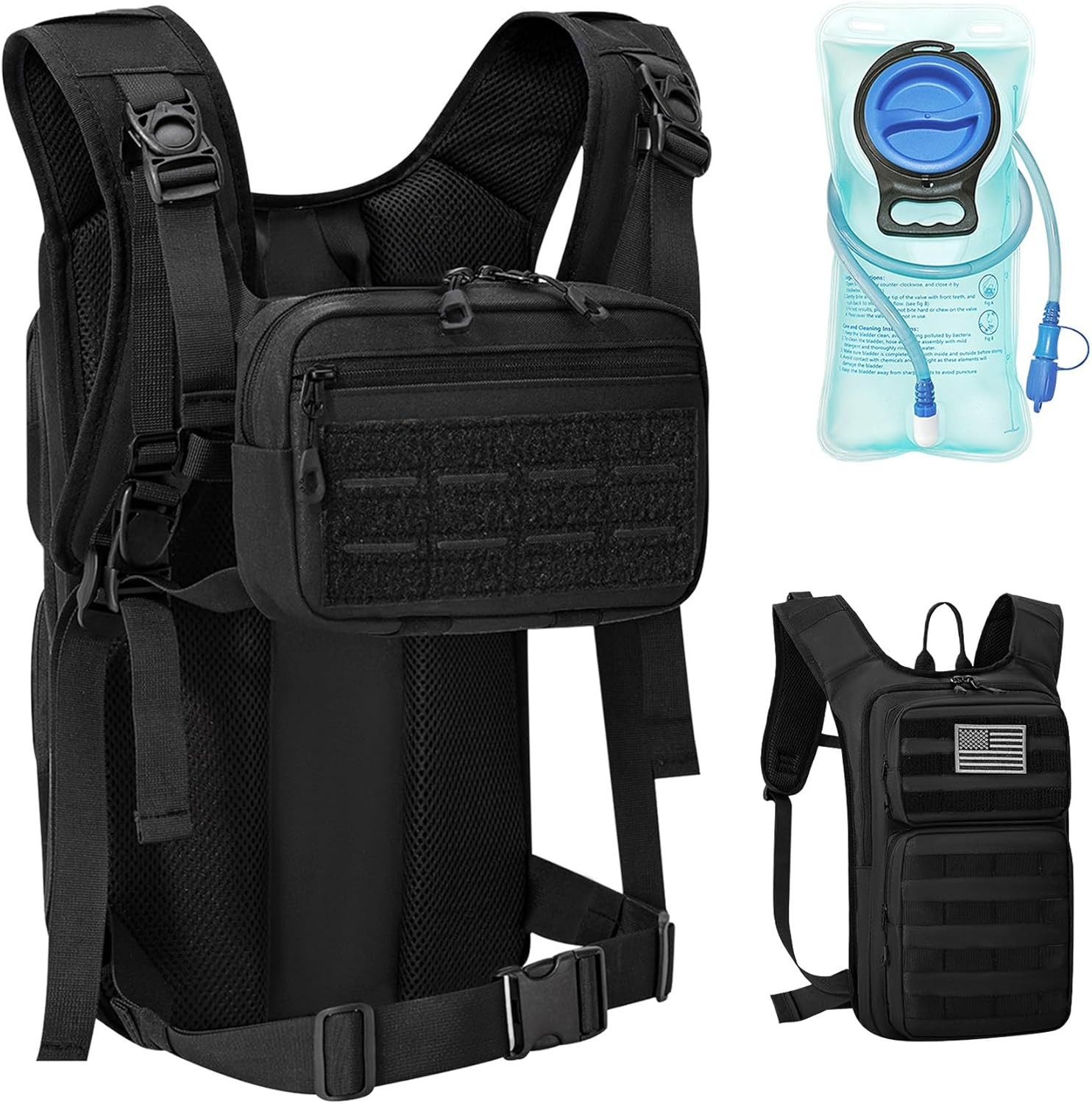 Tactical Hydration Backpack with 2L Water Bladder and Front Small Tactical Pouch