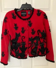 Michael Simon NY Vintage 90s Beaded Black Cats Red Cardigan Sweater Sz S Cotton