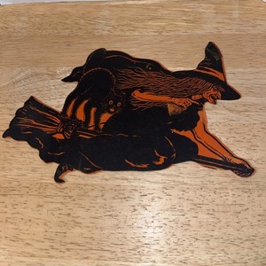 Vintage Beistle Halloween Die Cut 1930s Cardstock Witch & Black Cat On Broom