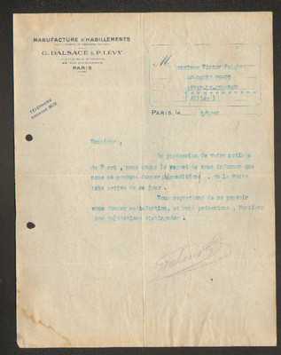 PARIS (III°) KLEIDERFABRIK für KINDER ''G. DALSACE & P. LEVY'' 1923
