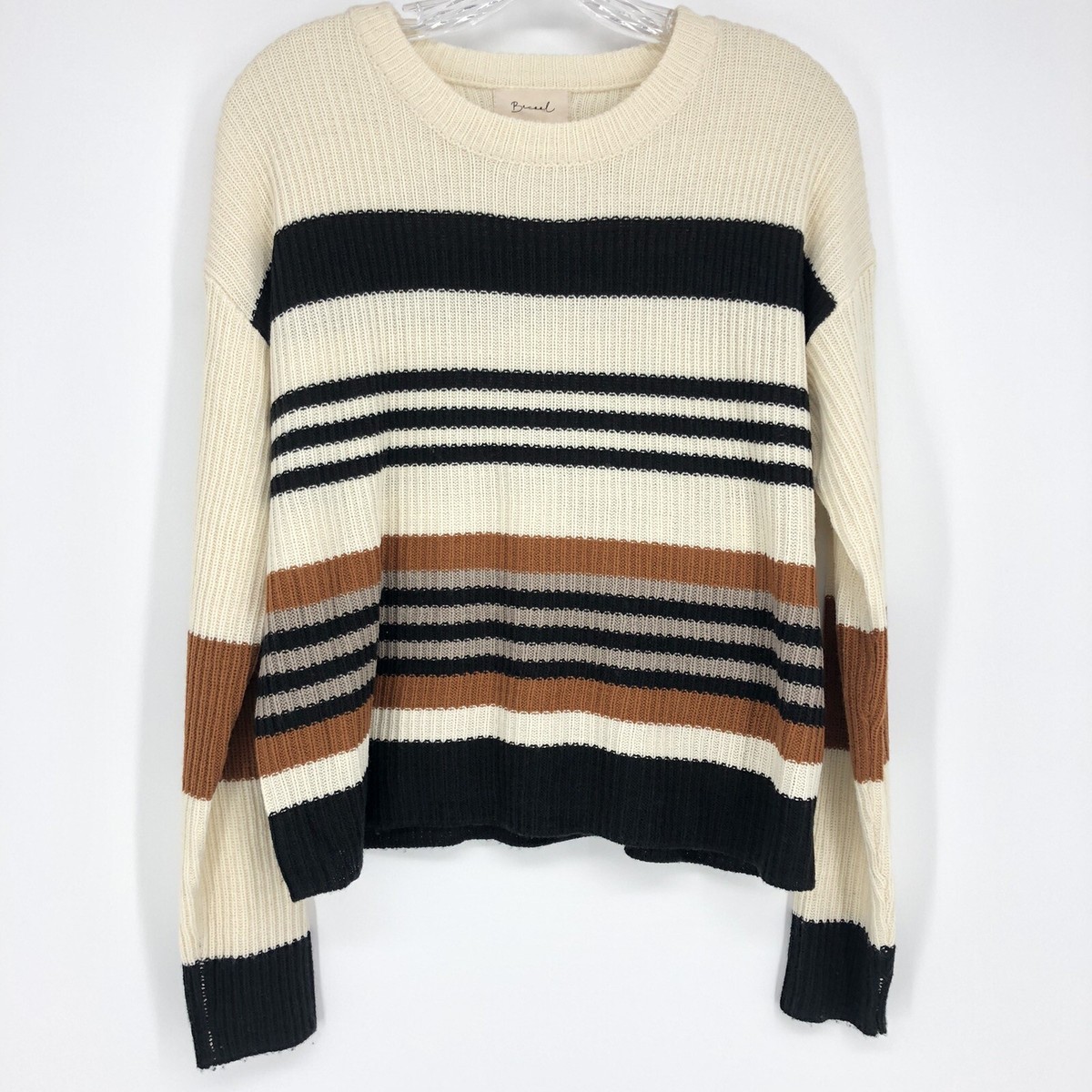 Baceel Trendy Knit Striped Sweater Cream Black Tan Size Medium Crew Neck  Classic