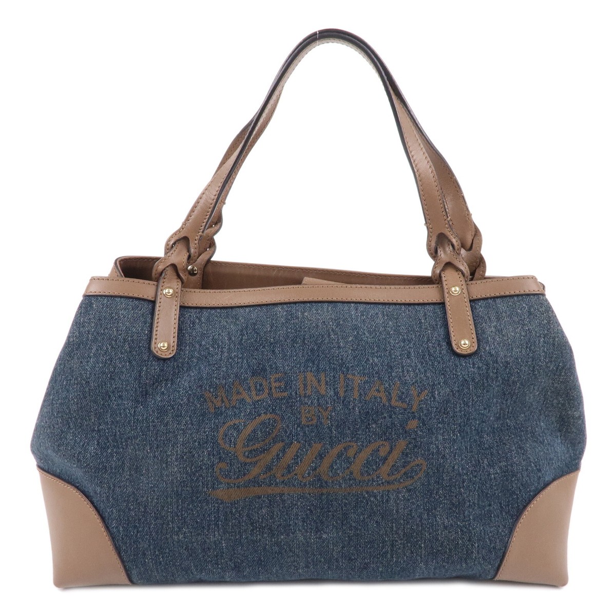 Auth GUCCI Craft Tote Bag Navy Brown Denim Leather 348715