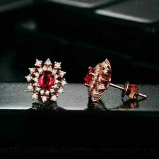 3Ct Oval Cut Lab Created Red Ruby Halo Women's Stud Earring 14k Rose Gold Plated