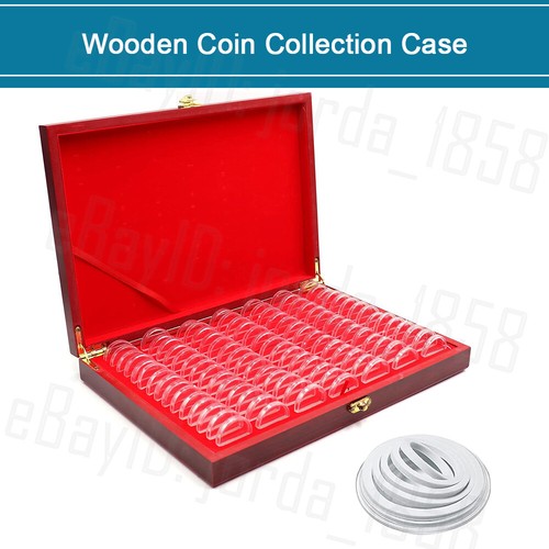 100PCS Coin Capsules Holder Red Wooden Storage Box Display Container Case 30MM - Picture 4 of 12