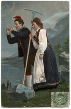 POSTCARD Norway folk costume Hardanger bunad ethnic farming couple rake posted
