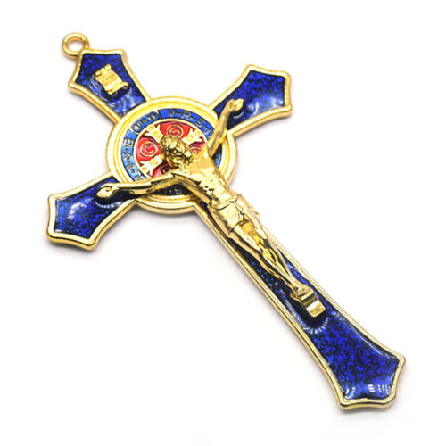 Vintage Metal Hand Hold Cross Crucifix Jesus Holy Religious Carved Christ Blue - Picture 3 of 5