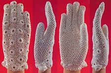 Vintage 1940 French White Hand Knit Crochet Lace Eyelet Buttonhole Stitch Gloves