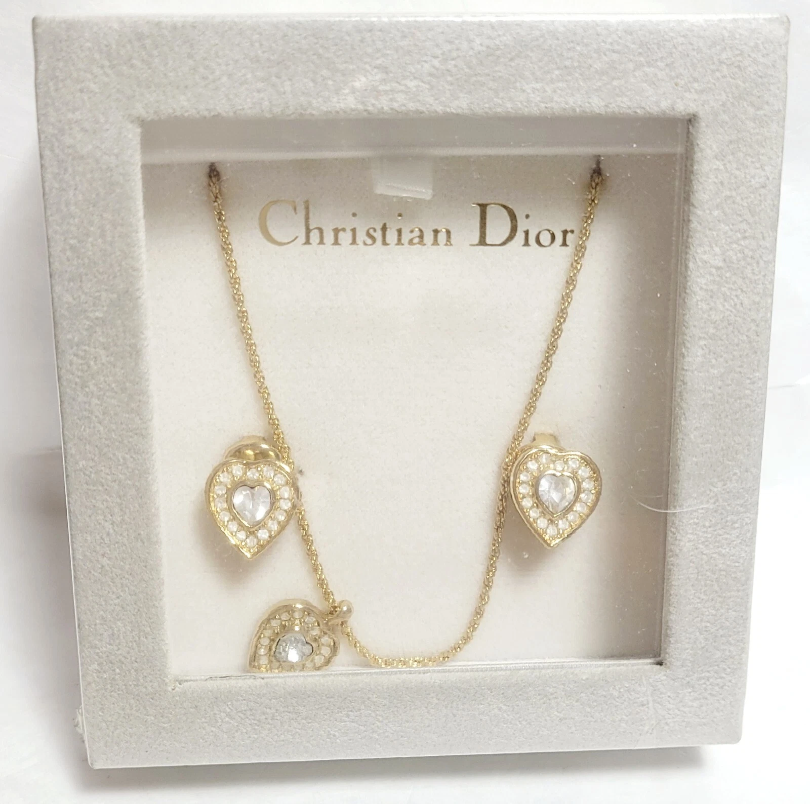 Ensemble collier et boucles d'oreilles pendentif cœur strass Christian Dior vintage neuf dans son emballage d'origine