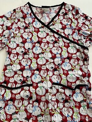 Scrub Top Pre Owned Holiday Christmas Candy Cane Snowman Snowflake Size Medium