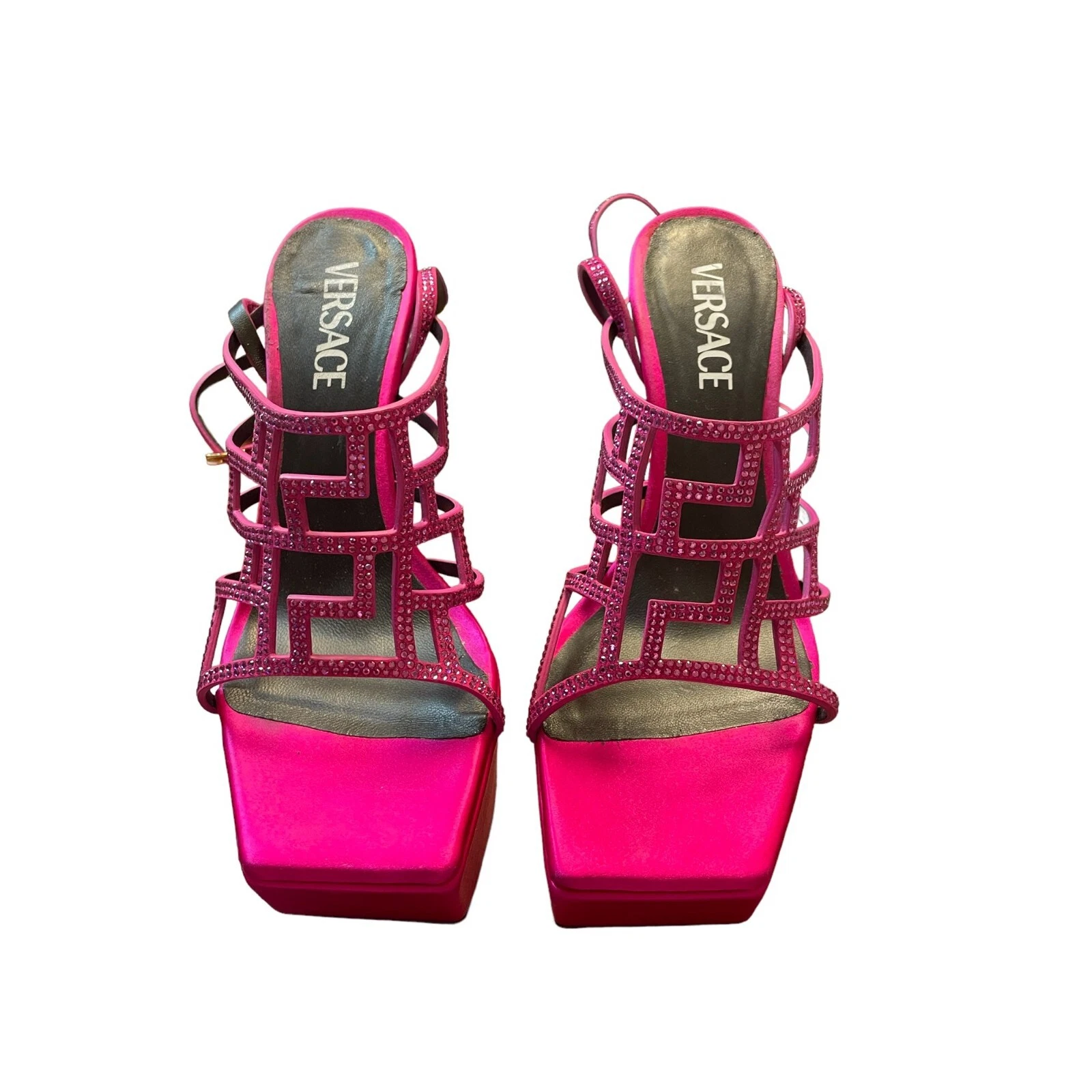 Sandali Versace Greca cristallo punta aperta plateau tacchi a stiletto rosa 39 EU