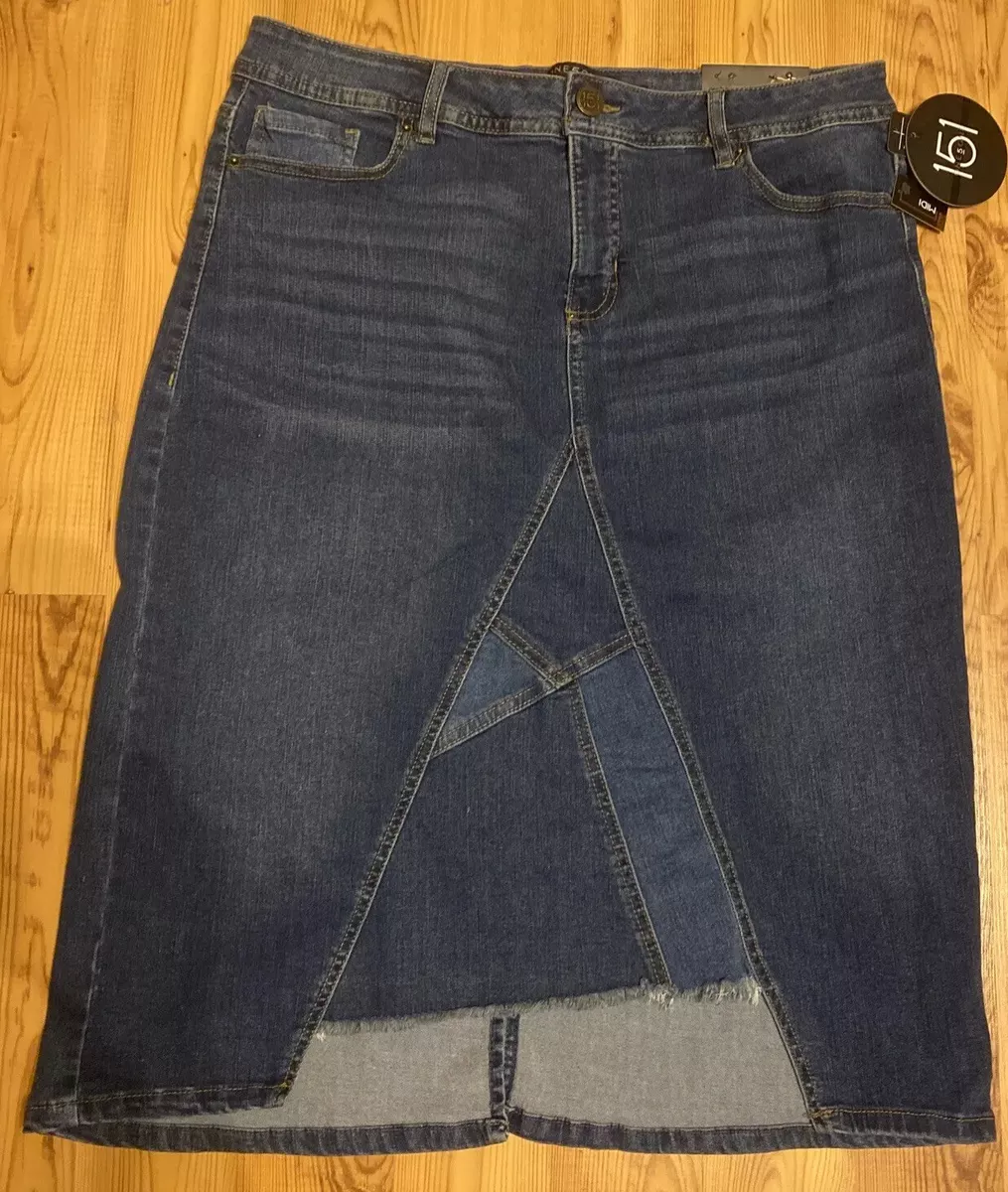 NWT One 5 One 151 L Large Blue Denim Pencil Midi Skirt Pieced Front Frayed Edge