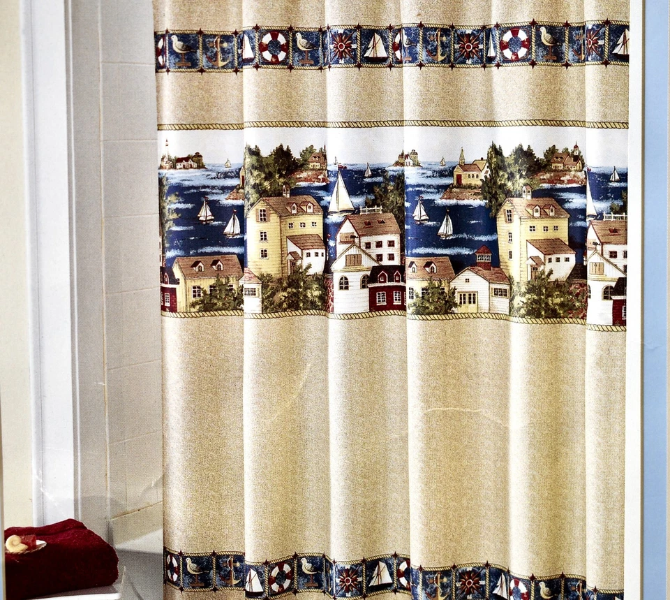 Seaport Shower Curtain,Beige,100% Polyester,70"x 70",Village,Boats,Sea,Islands - Image 4 of 4