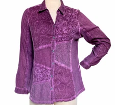 Greater Good Cotton Mixed Media Button Down Shirt Sz S Purple BOHO Indie 96C
