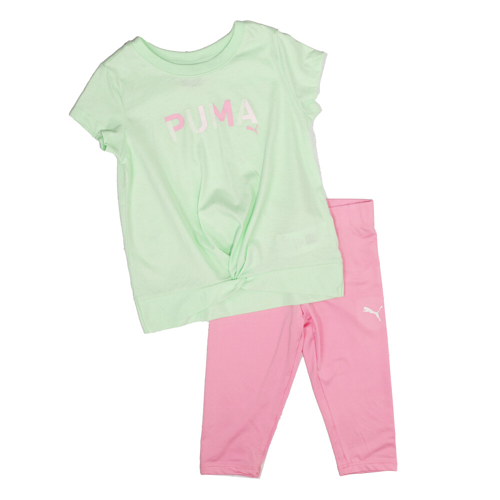 Puma / Комплект из 2 предметов, футболка с круглым вырезом и коротким рукавом, леггинсы-капри для маленьких девочек, зеленый