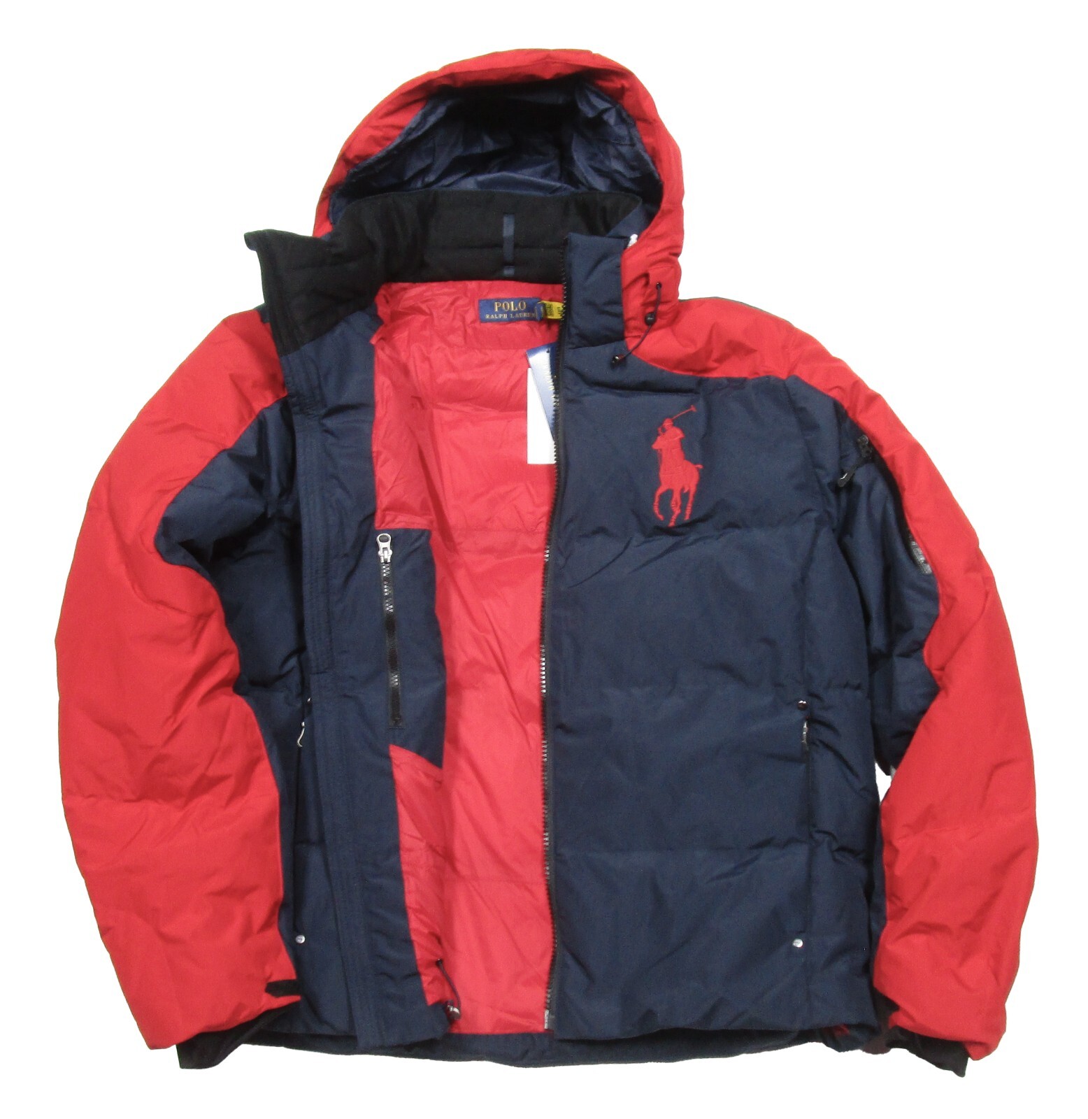 Polo Ralph Lauren Uomo Rosso Navy Colorblock Grande Pony Puffer Giacca con Cappuccio