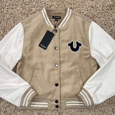 True Religion Women  s Wool Blend True Team Varsity Jacket Beige, Size M New 