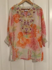 Gretchen Scott Georgette Hand Embroidered Tunic Top Peony Paradise Size M