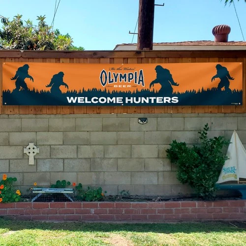 RARE Olympia Beer Bigfoot Banner Welcome Hunters 8FT Vintage Bar Sign Sasquatch