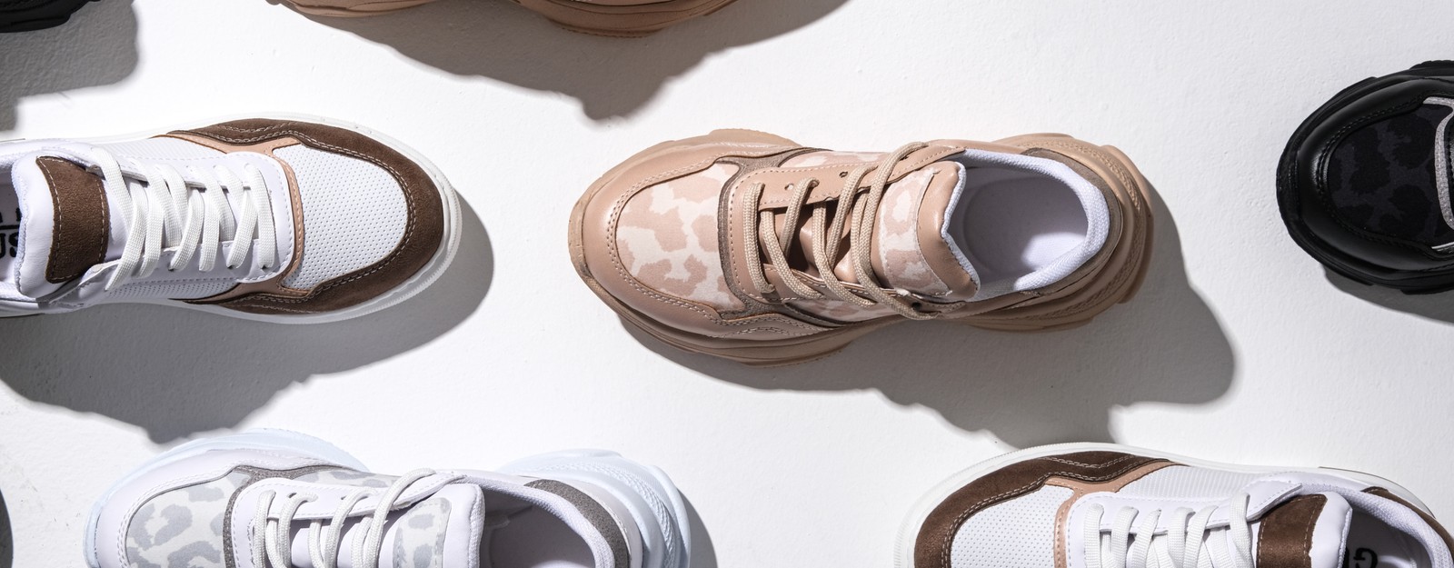 Auf einem neutralen Hintergrund sind von oben mehrere Sneaker-Modelle zu sehen.
