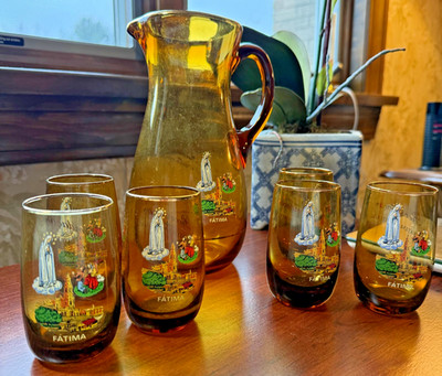Vintage Set of Pitcher & (6) Glasses Our Lady of Fatima Souvenir Portugal Unique