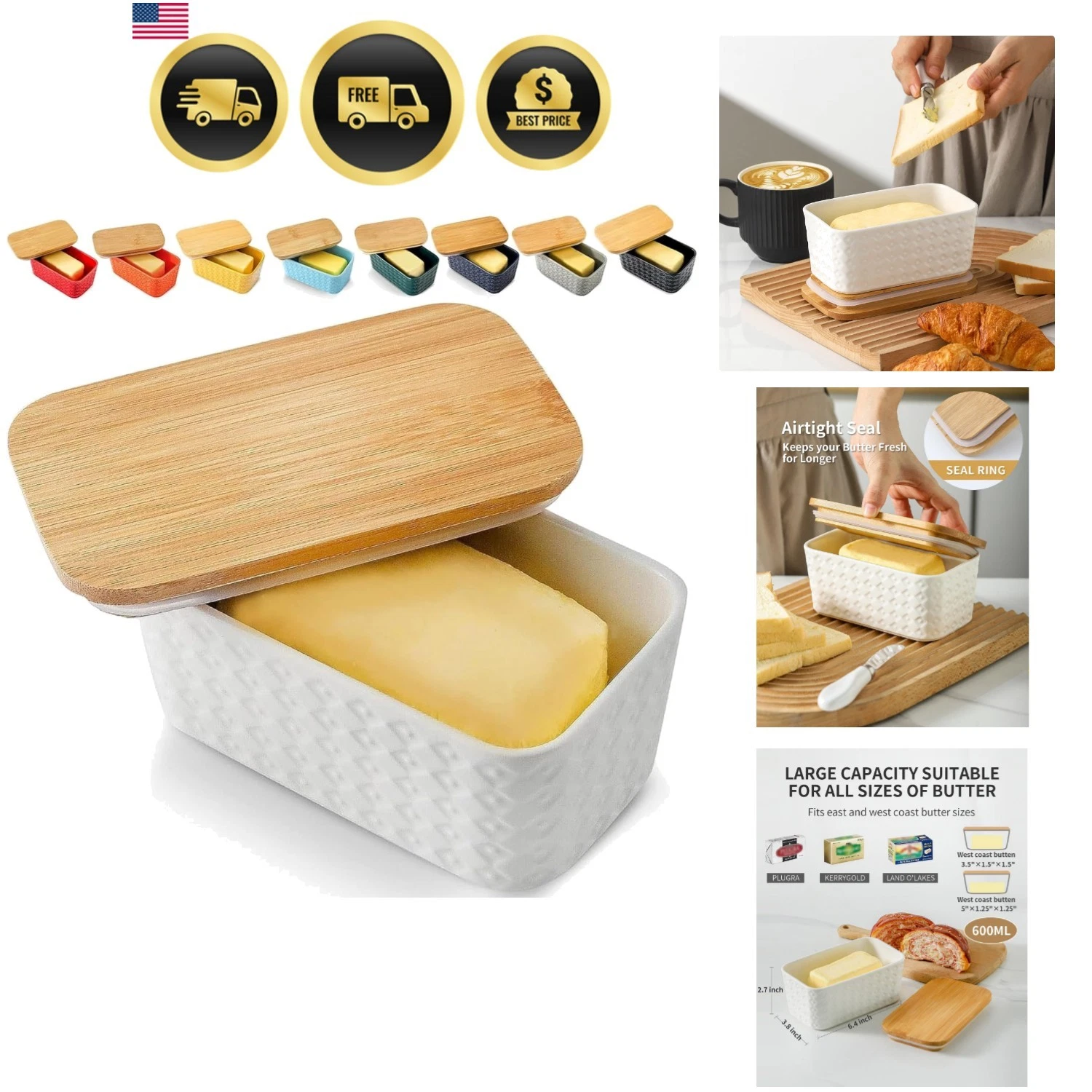 Butter Dish with Lid, Farmhouse Ceramic Butter Container for Countertop & Fri...