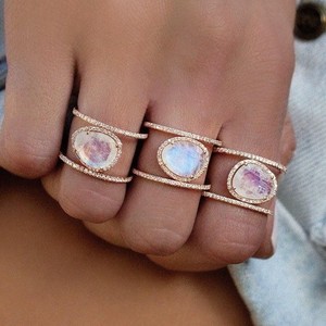 Authentic Bohemia Irregular Shape Moonstone 14K Rose Gold Plated Zircon Opal Ring Sz 7.5