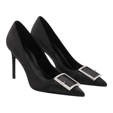 NEW Mango Satin Pointed Toe Heel Pump with Buckle Black Women Size 37/ 6.5