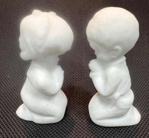 Vintage FENTON White Satin Glass Praying Girl and Boy Figurines SIGNED