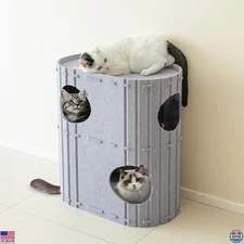 PETKARAY 2-Story Grey Felt Cat House - 23.6x22x12 Inch Bed Cave & Tunnel Condo