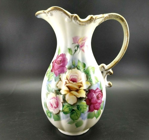 Victorian Hand Painted Water Pitcher 10" Red Pink Yellow Roses Gold Trim