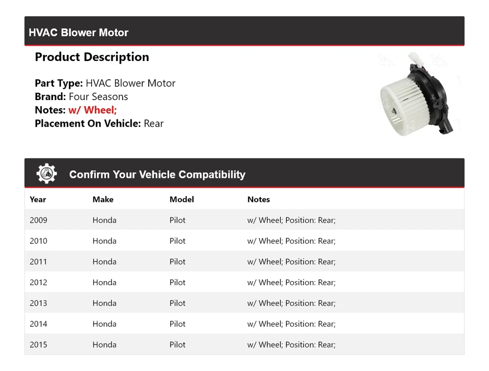 Soplador de climatización trasero para Honda Pilot 2009-2015 4 estaciones 2010 2011 2012 2013 Foto 2 de 4