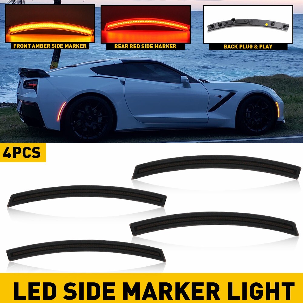 Smoked LED Side Marker Lights for Chevy Corvette C7 2014-2019 Red Amber 4Pcs