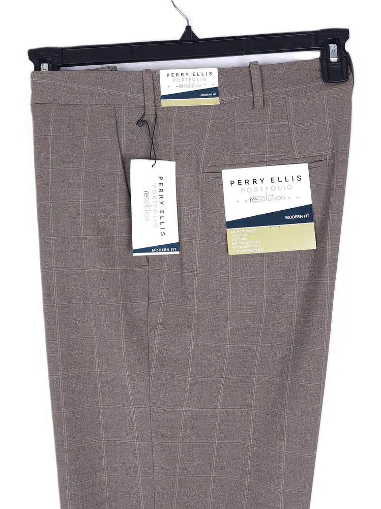 Perry Ellis Modern-Fit Stretch Dress Pants Blue Tan Windowpane 36x30 New With Tags