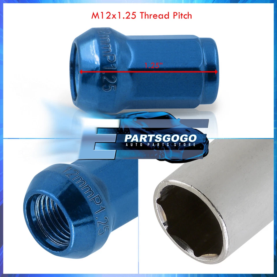 20 Piece M12 X 1.25mm Closed End Acorn Wheel Rims Lug Nuts Steel Blue + Lock Key Foto 2 de 3