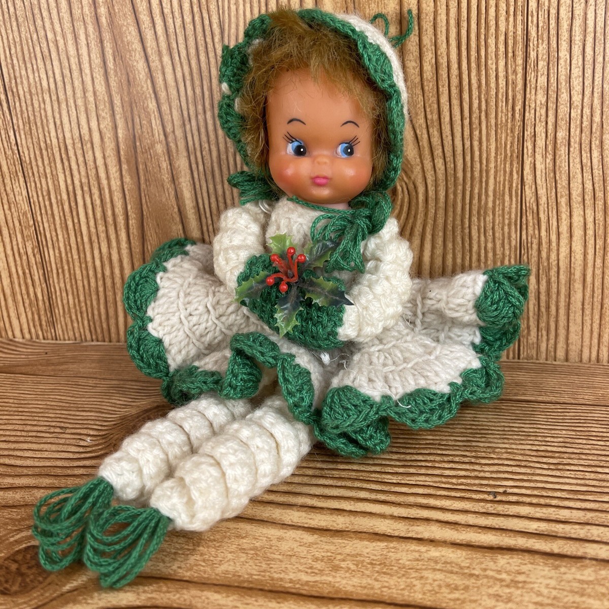 Vintage Handmade Doll Plastic Face Brown Hair Blue Eyes Holiday Crochet Dress
