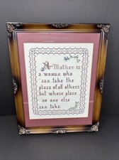 Completed Cross Stitch A Mother Poem Pink Floral Hearts 16x13 Wood Frame Mom