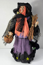 Vintage Woodland Fabric Mache Witch Table Tree Topper Bat Basket Twigs Frog 15"