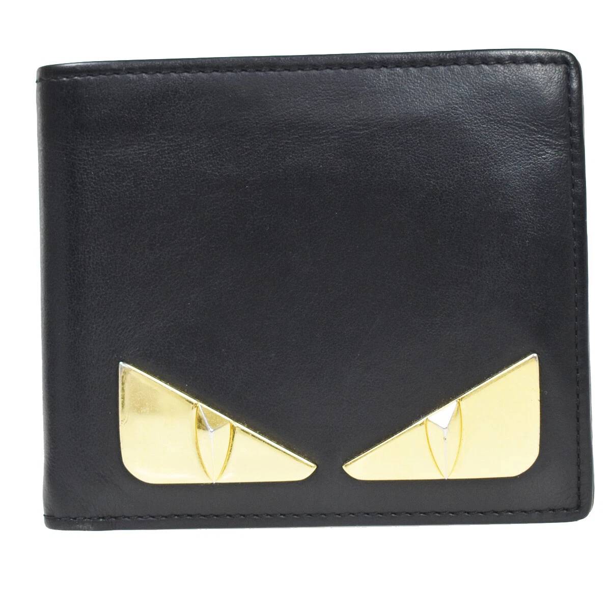 FENDI Logo Monster Eye Card Case Wallet Purse Leather Black Gold