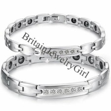 Men Women Stainless Steel Couple Bracelet Magnetic Therapy CZ Charm Link Bangle