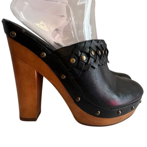 Lauren Ralph Lauren Black Leather Studded Wooden Heeled Clogs 7.5 - Picture 2 of 11