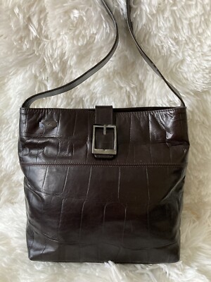 Falor Le Borse Brown Croc Embossed Leather Shoulder Bag Hobo Handbag