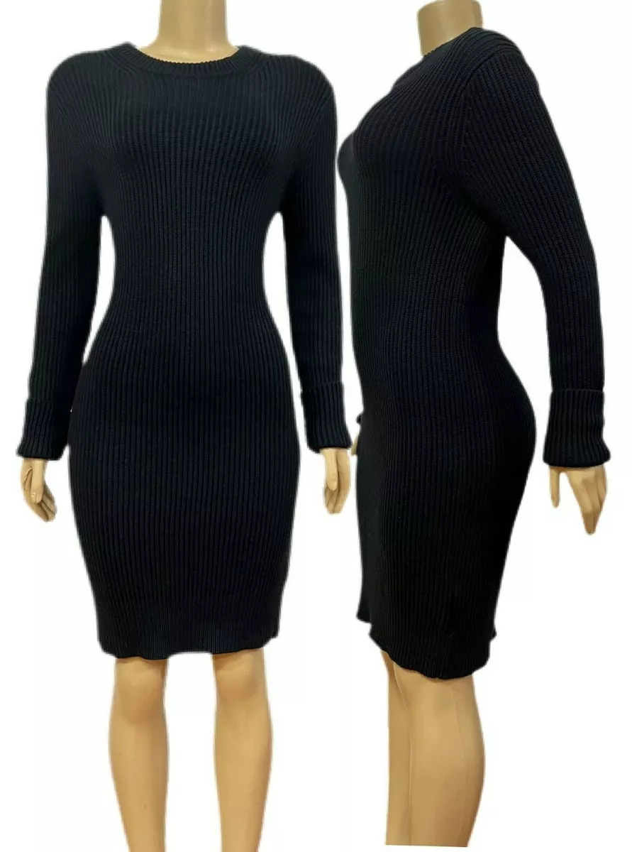 Michael Kors Round Neck Long Sleeve Ribbed Knit Sweater Dress Small Dark Navy