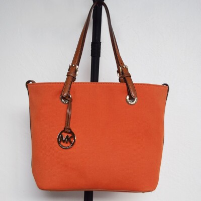 Michael Kors Canvas Leather Trim Handbag Purse in Orange - Main Image