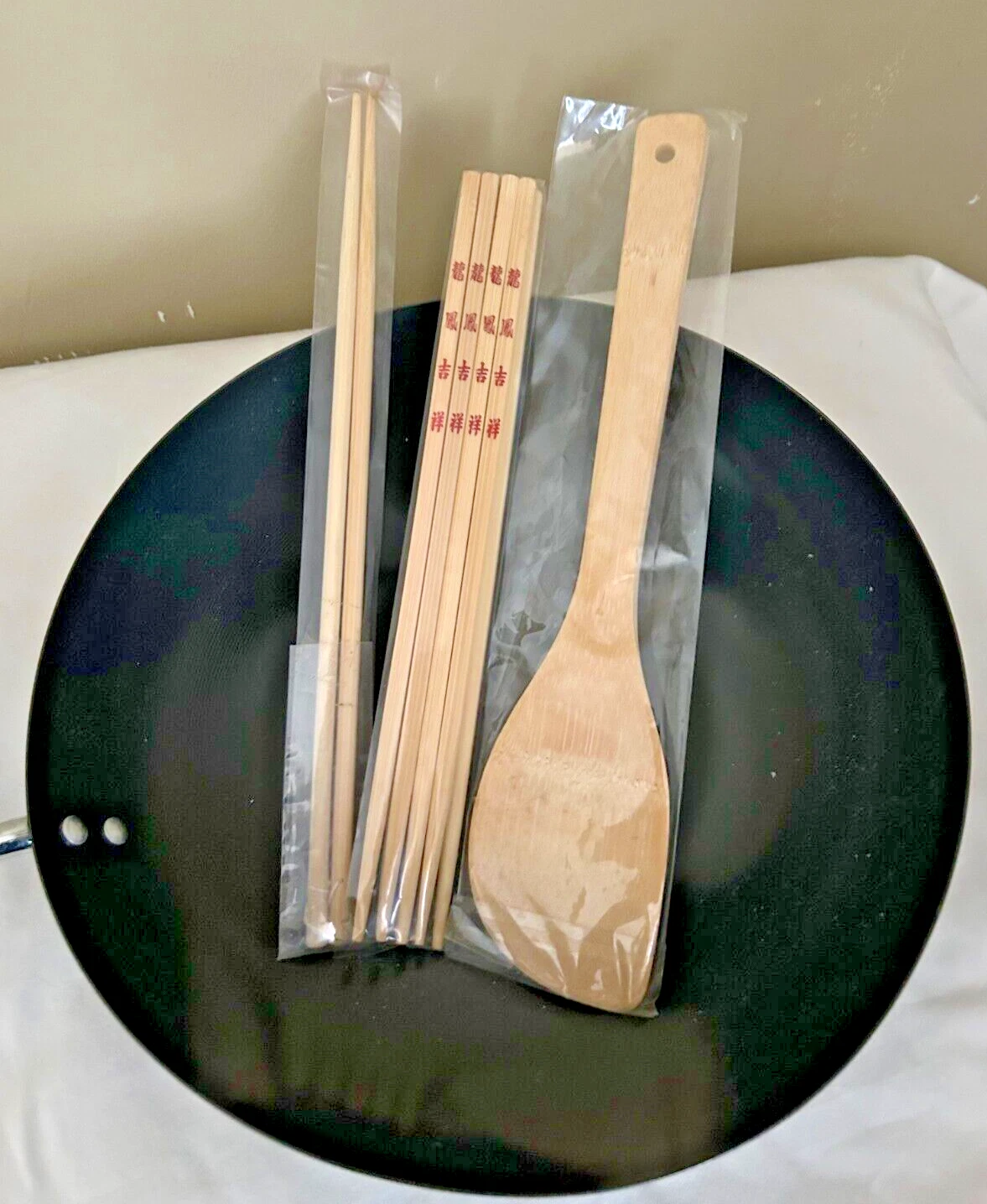 11 Inch Carbon Steel Wok Pan Stir Fry Pan With Wood Handle W/ Utensils New