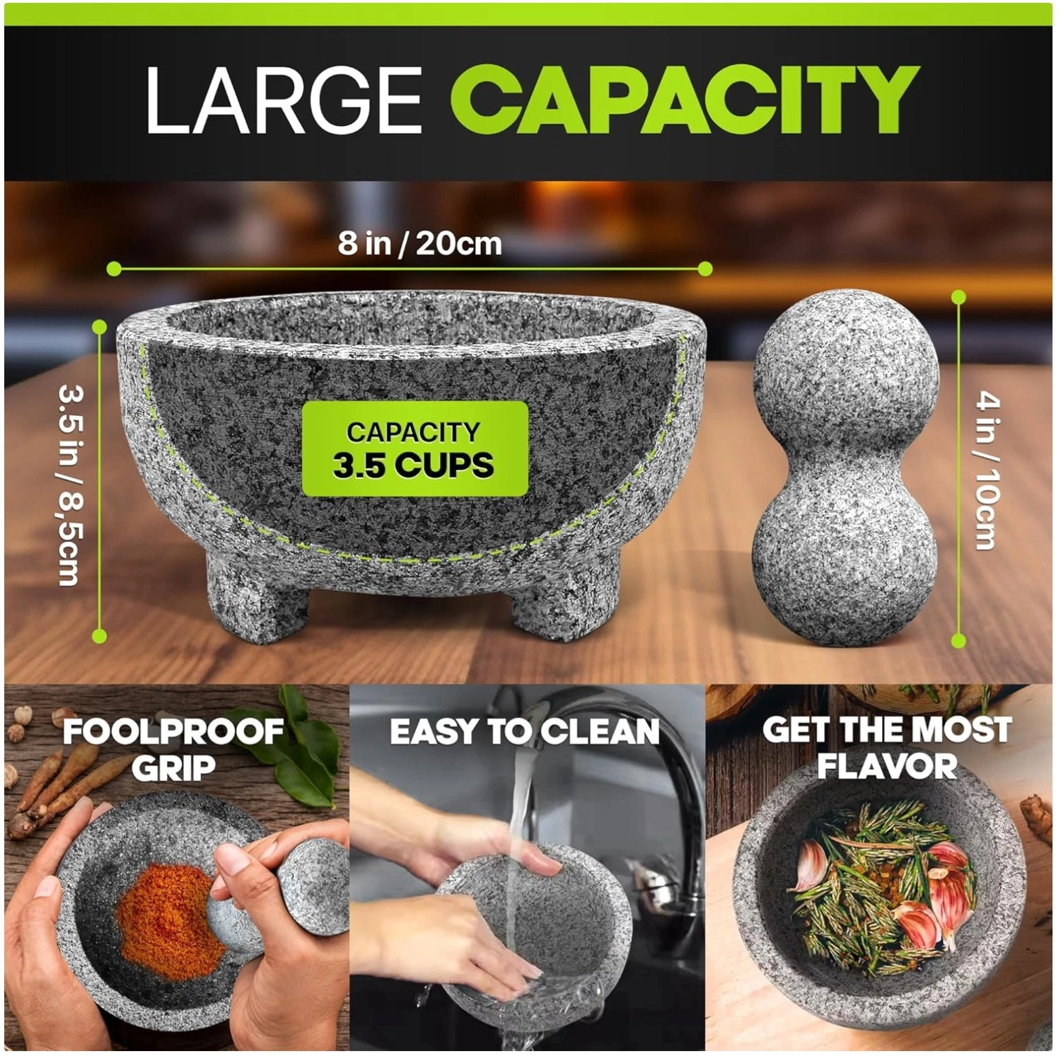 Natural Stone Molcajete - Large Capacity - Grey